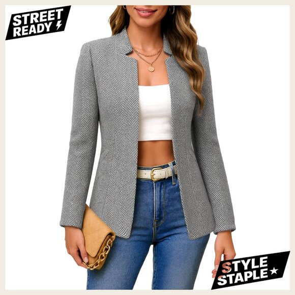 Herringbone Tweed Blazer Jacket Slim Fit Notch Collar Work Casual